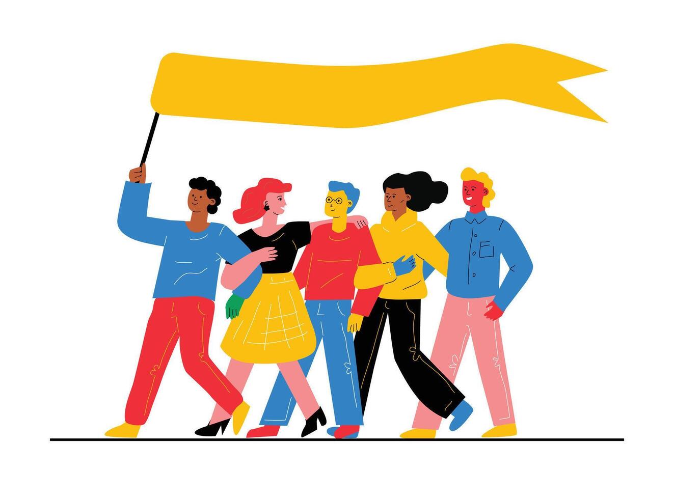 Doodle illustration with a vivid embracing people holding a flag on top. vector
