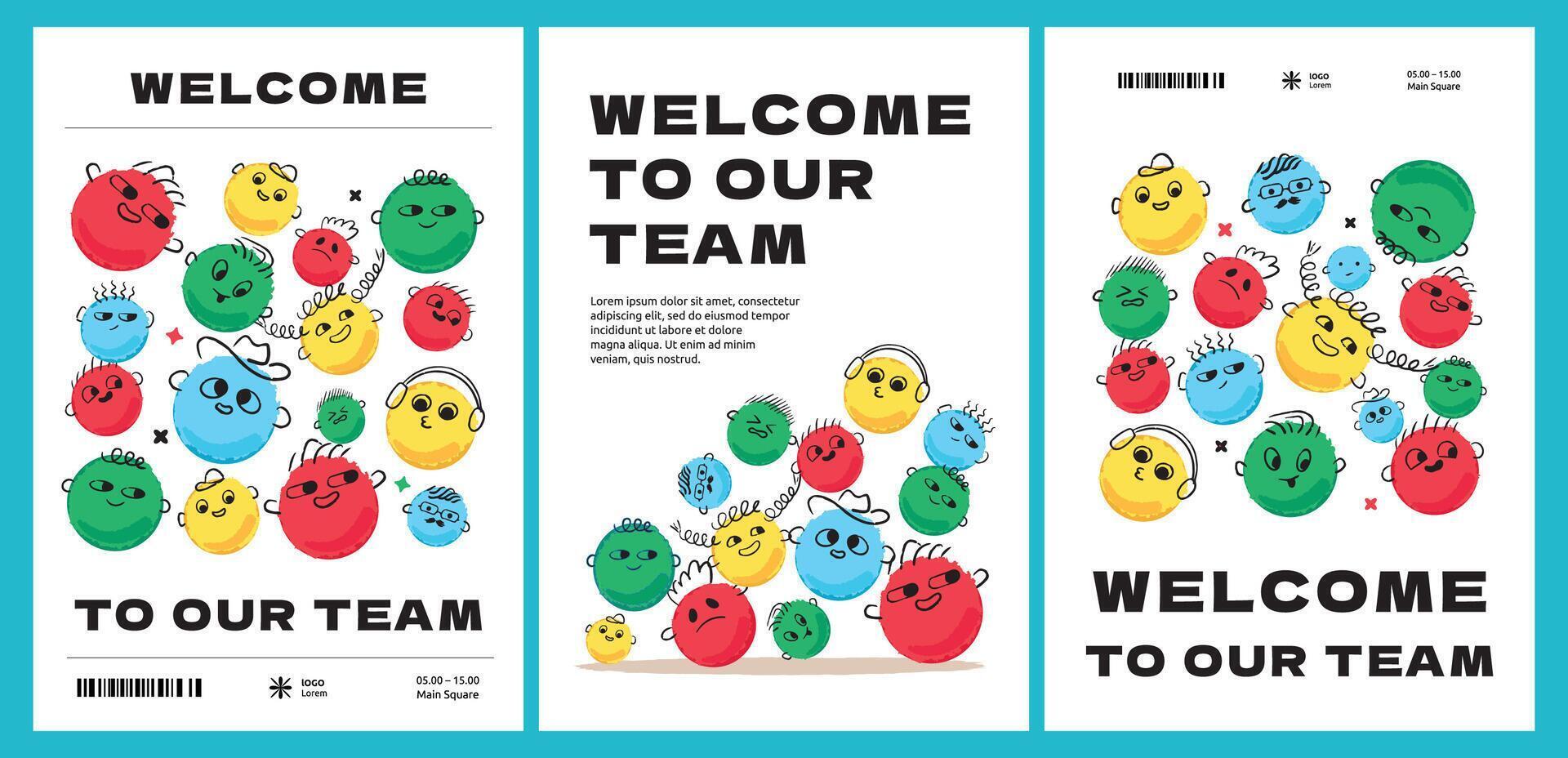 A set of poster templates with doodle faces with different emotions. Vivid crayon style illustrations. The inscription on the postcard Welcome to our team. vector