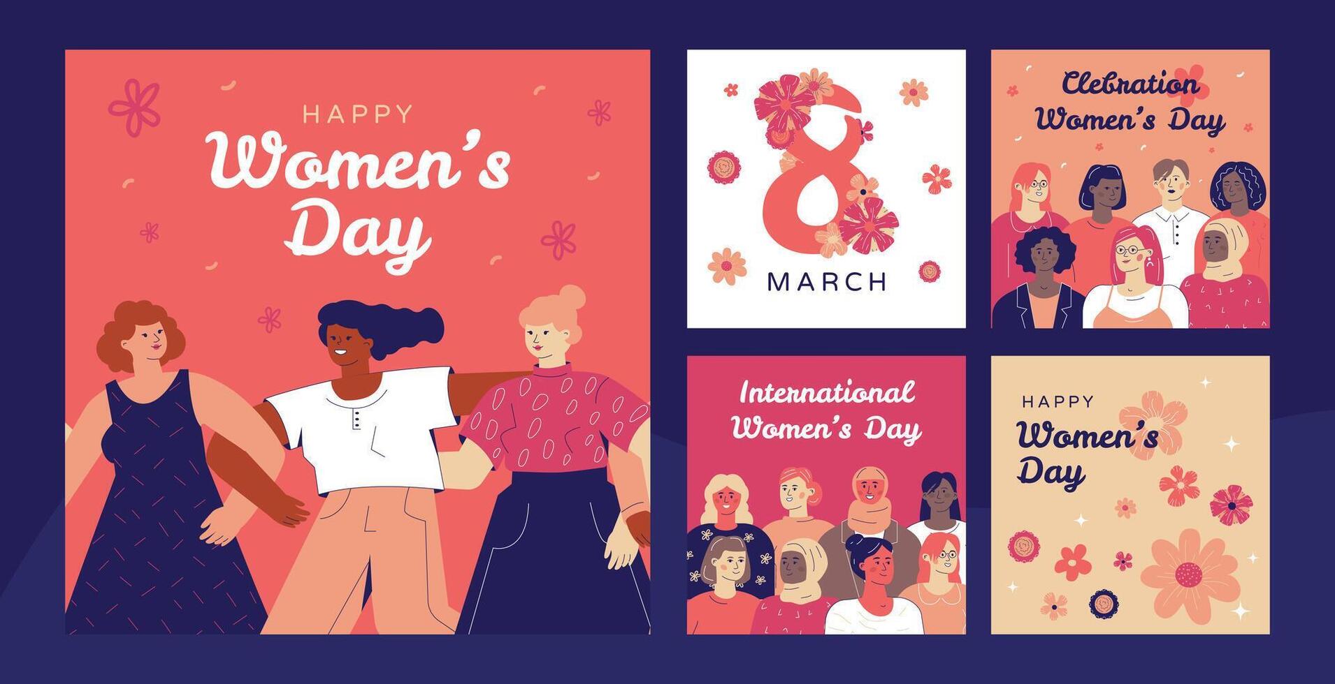 Collection of templates of posts for celebrating women's day for social networks with an image of a crowd of women, flowers, the number 8. vector