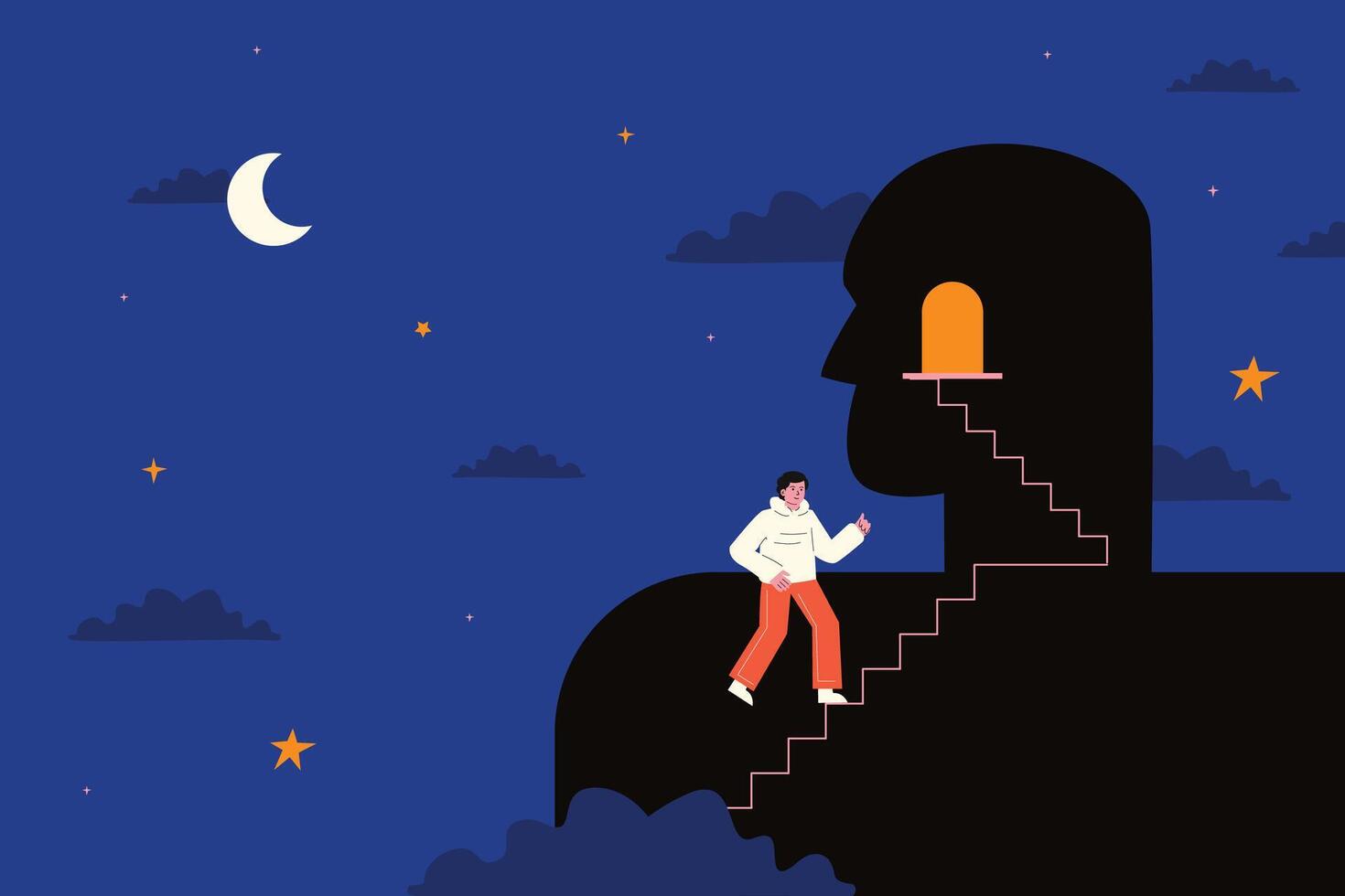 The person climbs the stairs to the door inside the human figure. A symbolic representation of psychological defenses vector