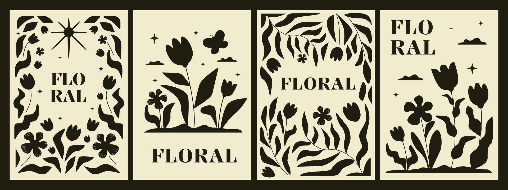 A collection of posters with flowers and waving foliage. Monochrome minimalistic hand-drawn artworks. vector