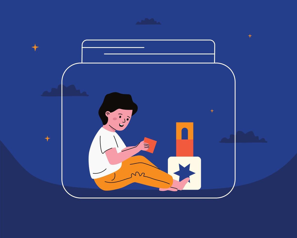 A child enthusiastically playing with cubes, enclosed in a glass jar. A metaphor for autism, Asperger's syndrome. vector