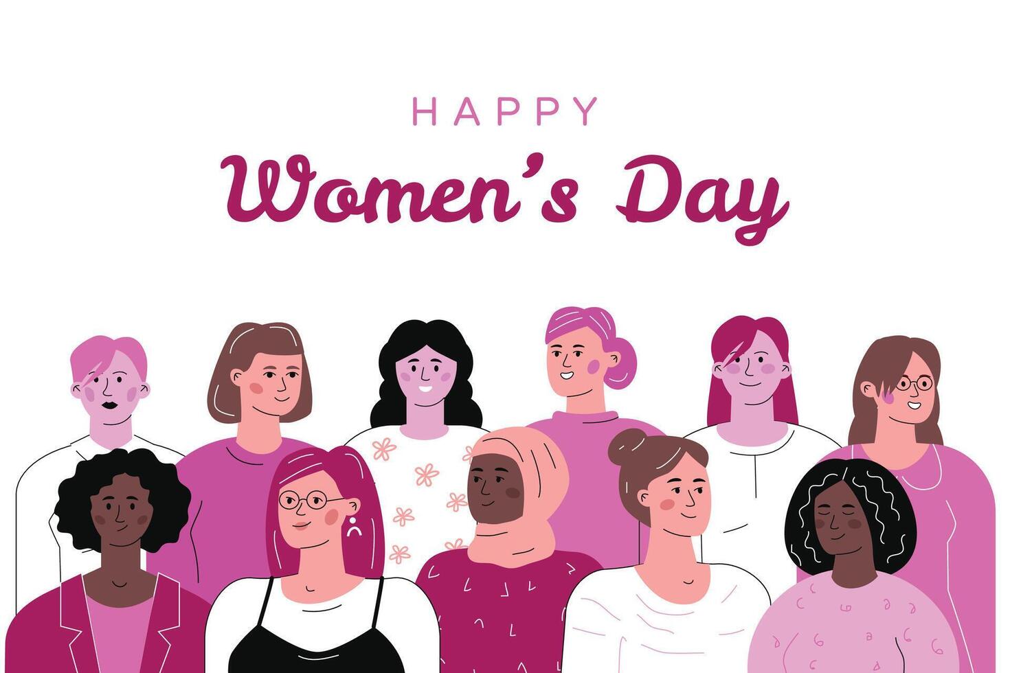 A multiethnic crowd of various women, with the inscription Happy Womens Day above it. Postcard design for March 8th. vector