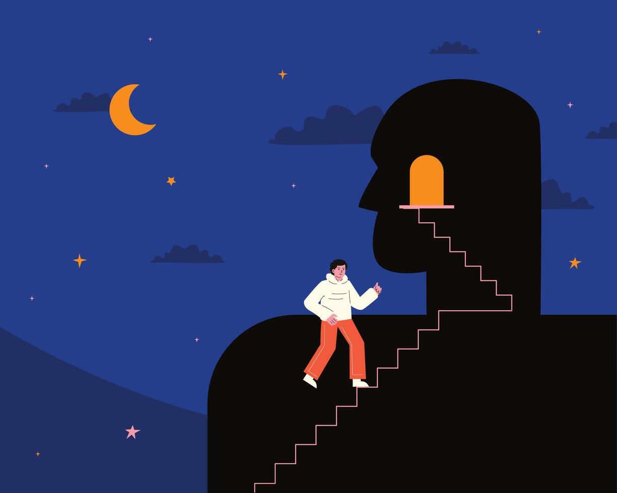 The person climbs the stairs to the door inside the human figure. A symbolic representation of psychological defenses intellectualization, rationalization, escape from an anxious world. vector