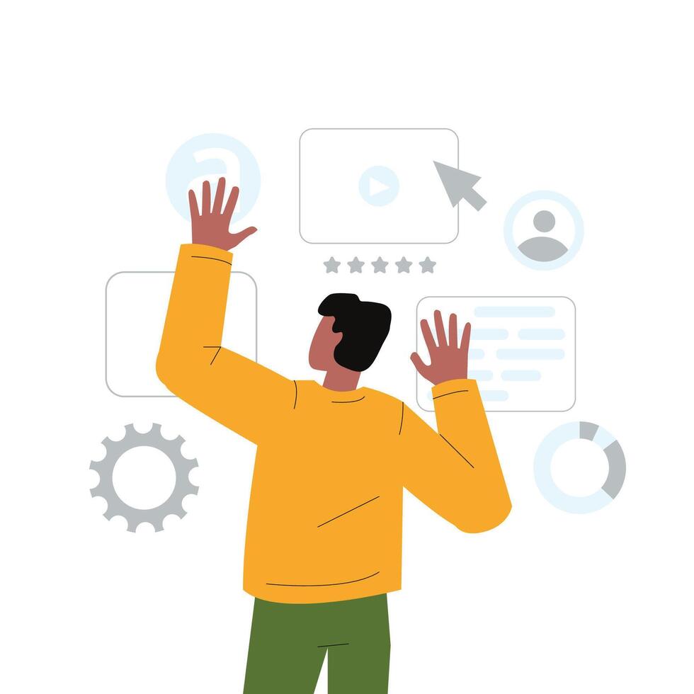 A man creating an interface design, a web designer, a freelancer. vector