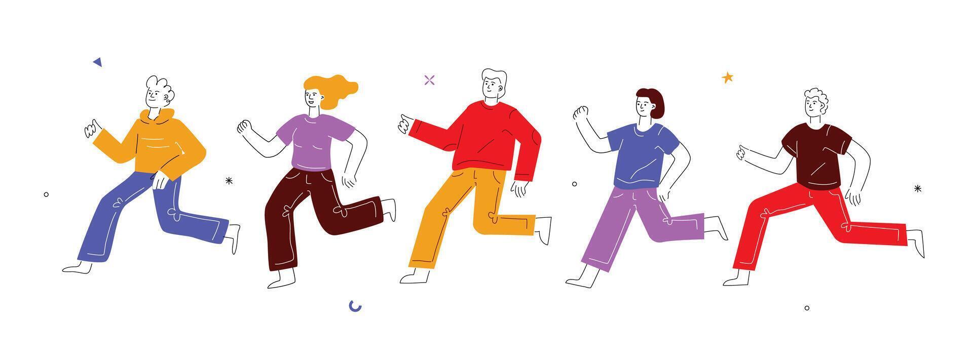 Multi-colored doodle people running forward. Symbol of energy, movement, achievement of success. vector