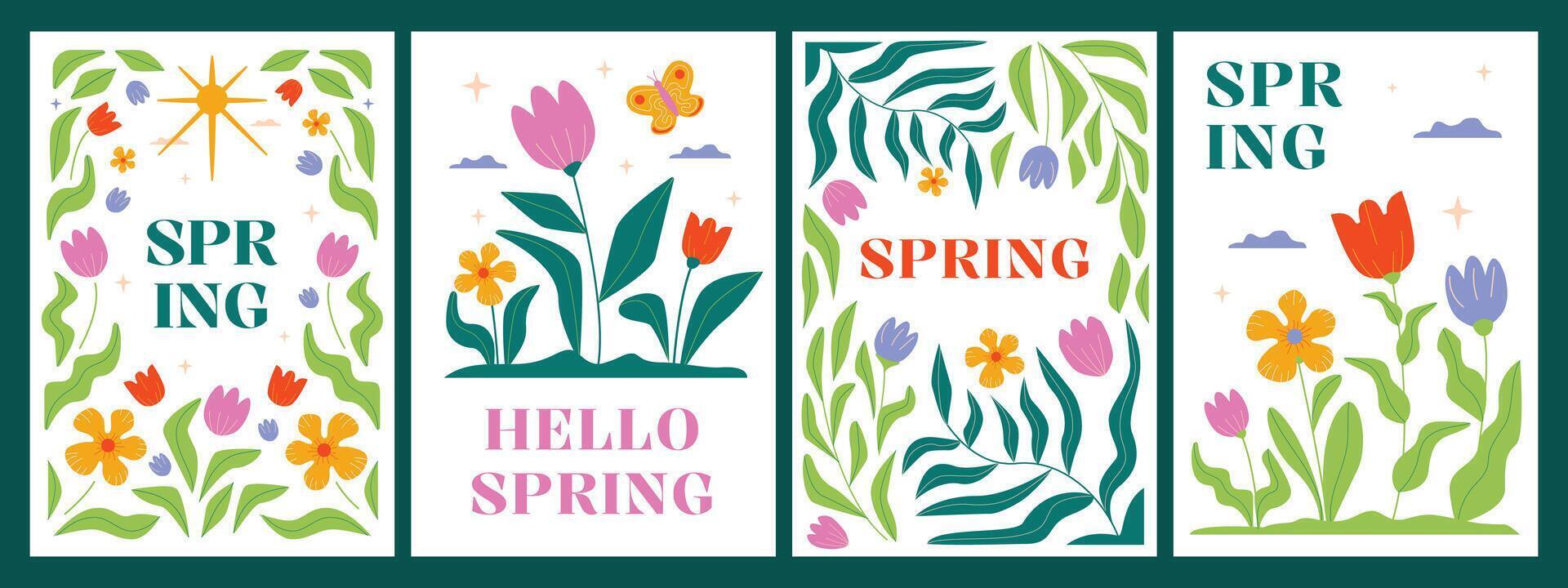 A collection of spring posters with blooming flowers and wavy of foliage. Bright minimalistic hand-drawn artwork. vector