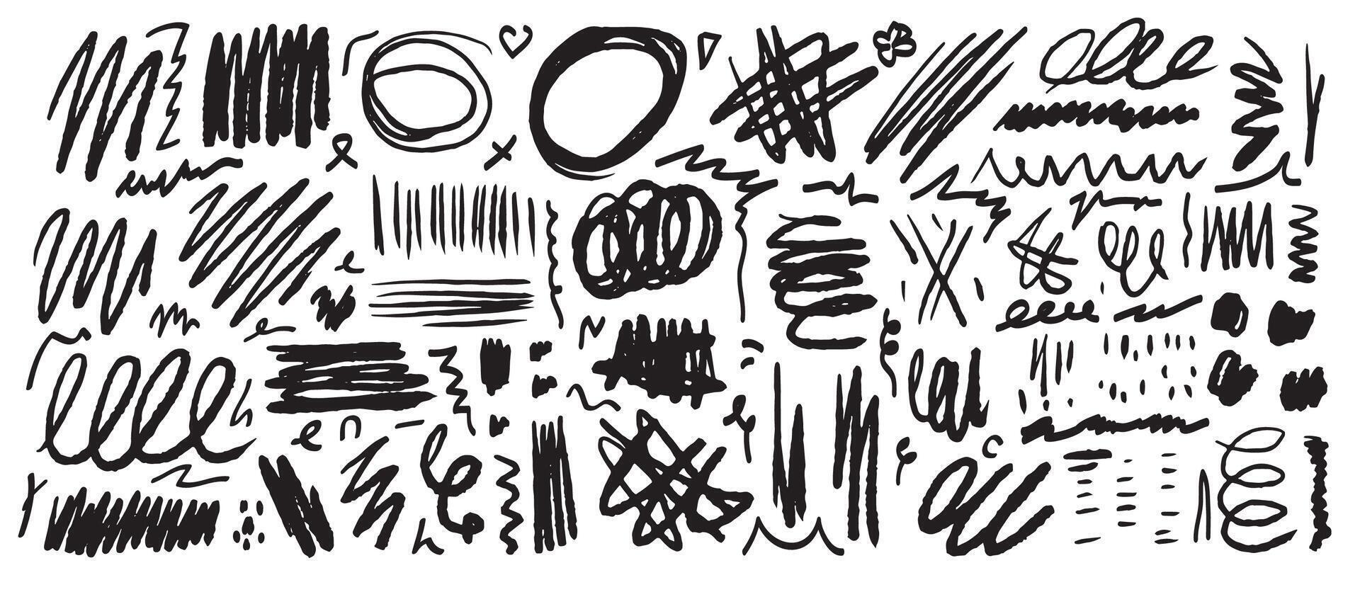 A set of black doodle lines, strokes, sketches, stripes, scrath drawn by hand on a white background. Scribble, textured design elements. vector