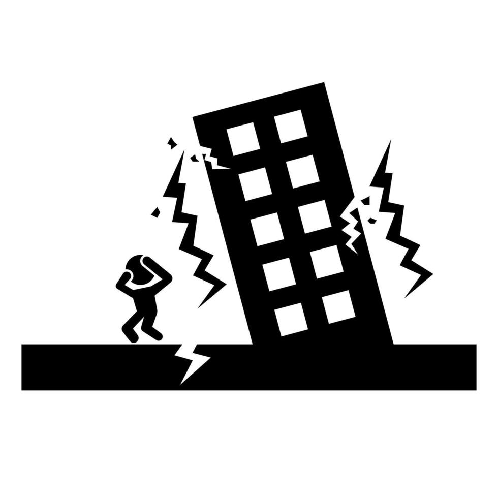 Earthquake collapsed high-rise building and evacuating person silhouette. vector