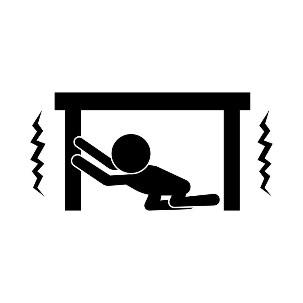 Earthquake tremor and person hiding under table silhouette icon. vector