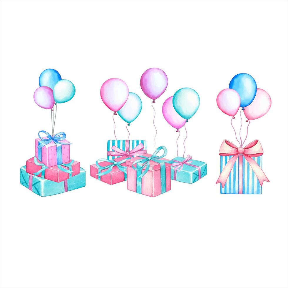 Set with balloons, gift boxes in pastel colors. Watercolor illustration vector