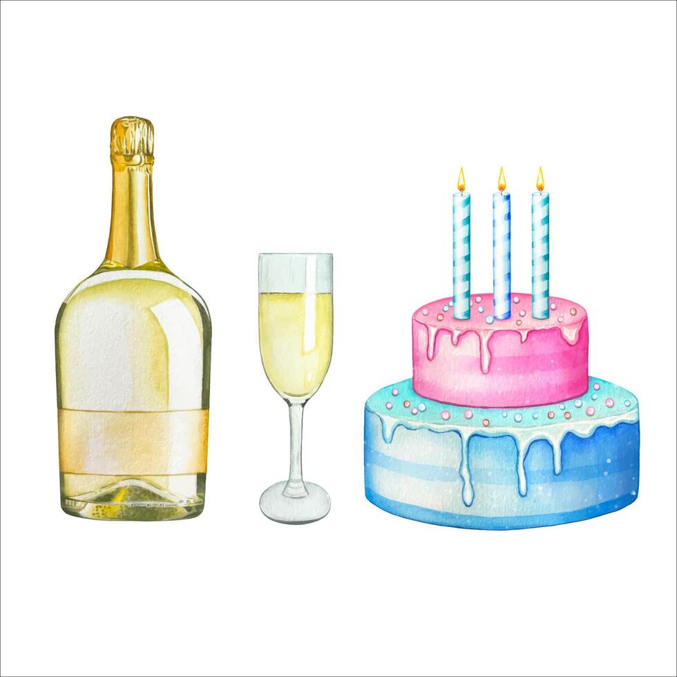 Birthday set with cake, champagne, glass. Watercolor vector