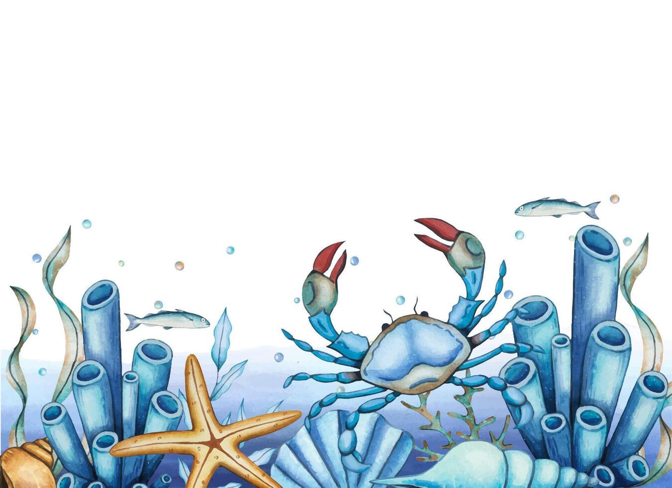 Sea border with a crab, algae, stones, bubbles, shells, starfish. Underwater world. Hand drawn watercolor illustration vector