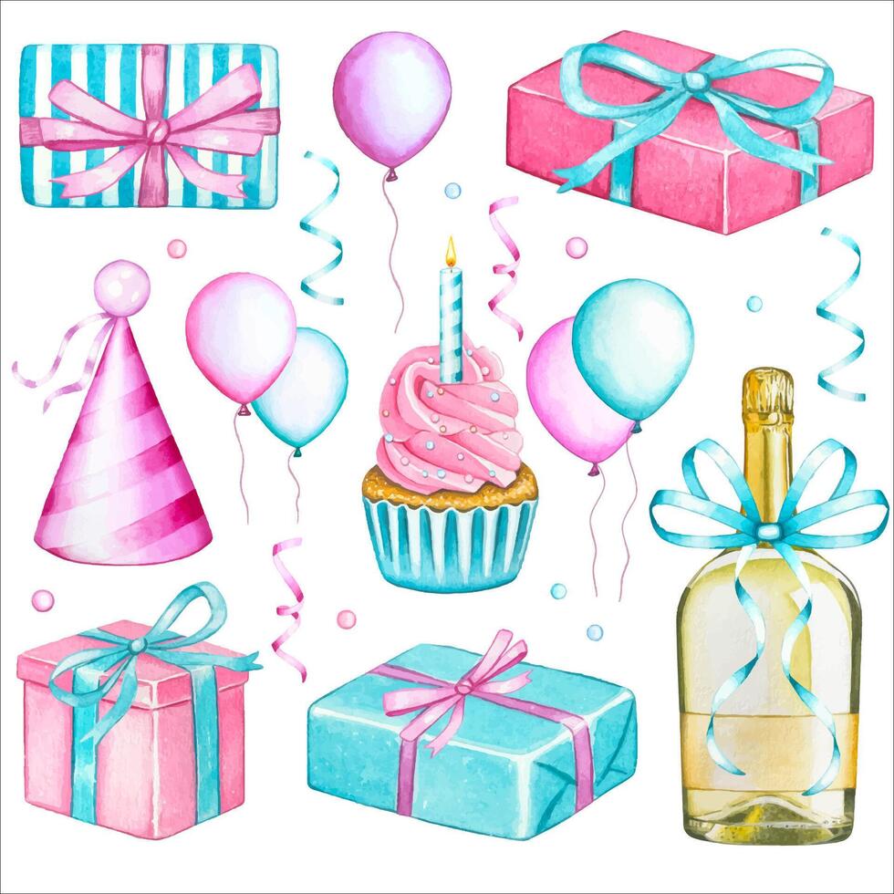 Set with cupcake, gift boxes, shampagne vector