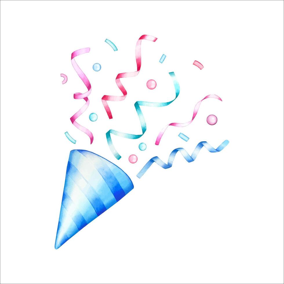 Hand drawn firecracker with confetti, ribbons. Watercolor illustration vector