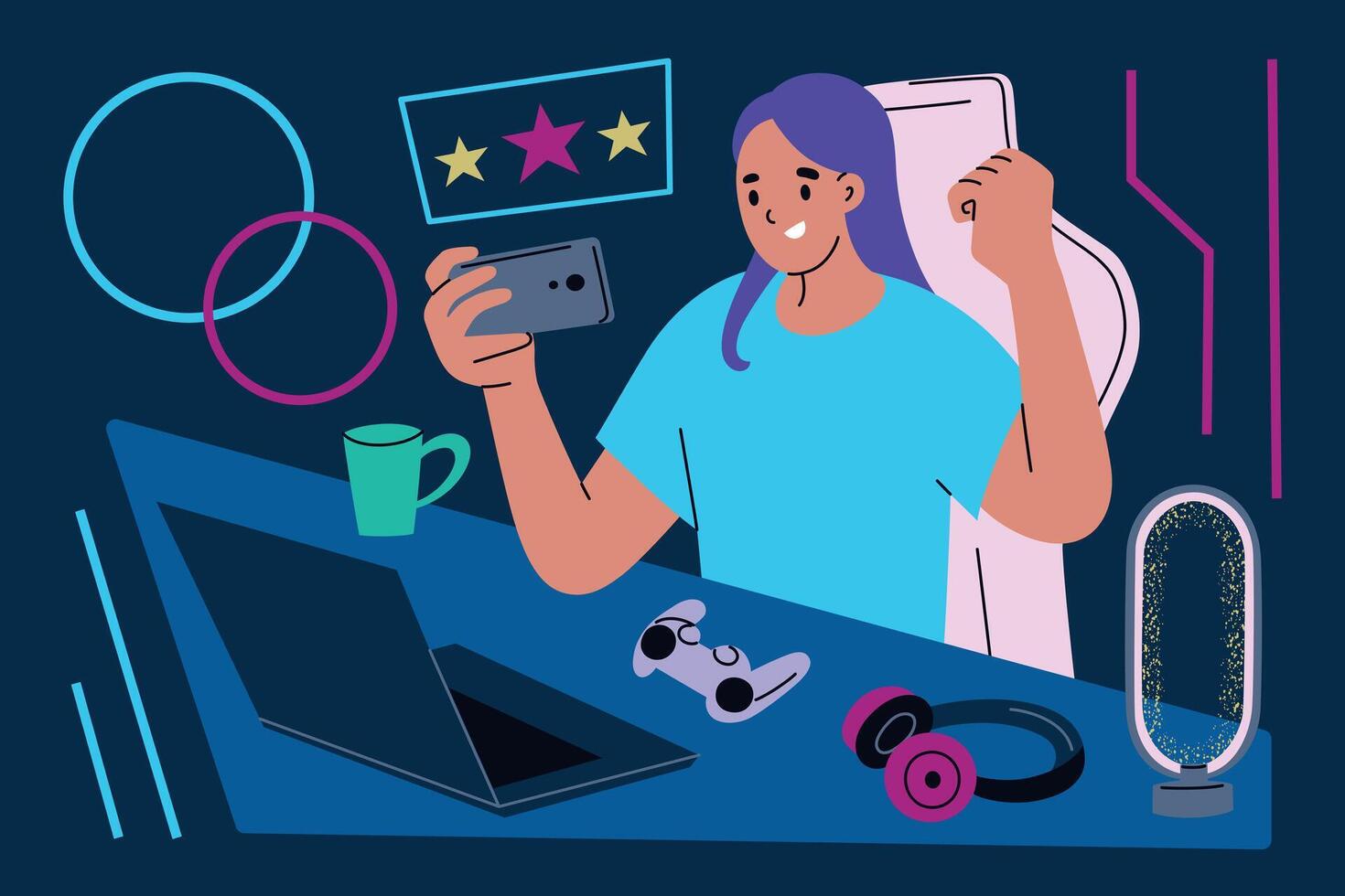illustration of female gamer sitting at desk with laptop, playing game on phone, and celebrating win. Flat cartoon style, gaming accessories, headphones, game controller, and a modern desk lamp vector