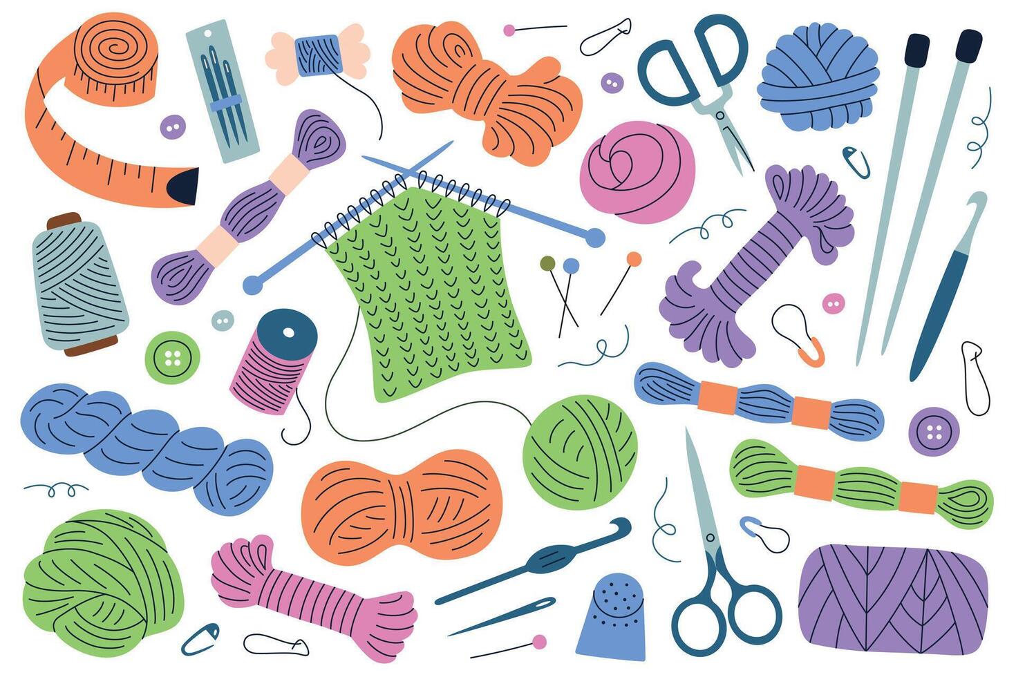 Knitting tools set, colorful yarn, needles, scissors, pins, and needlework accessories in flat illustration. Doodle style, modern cartoon icons for craft, hobby, and sewing projects vector