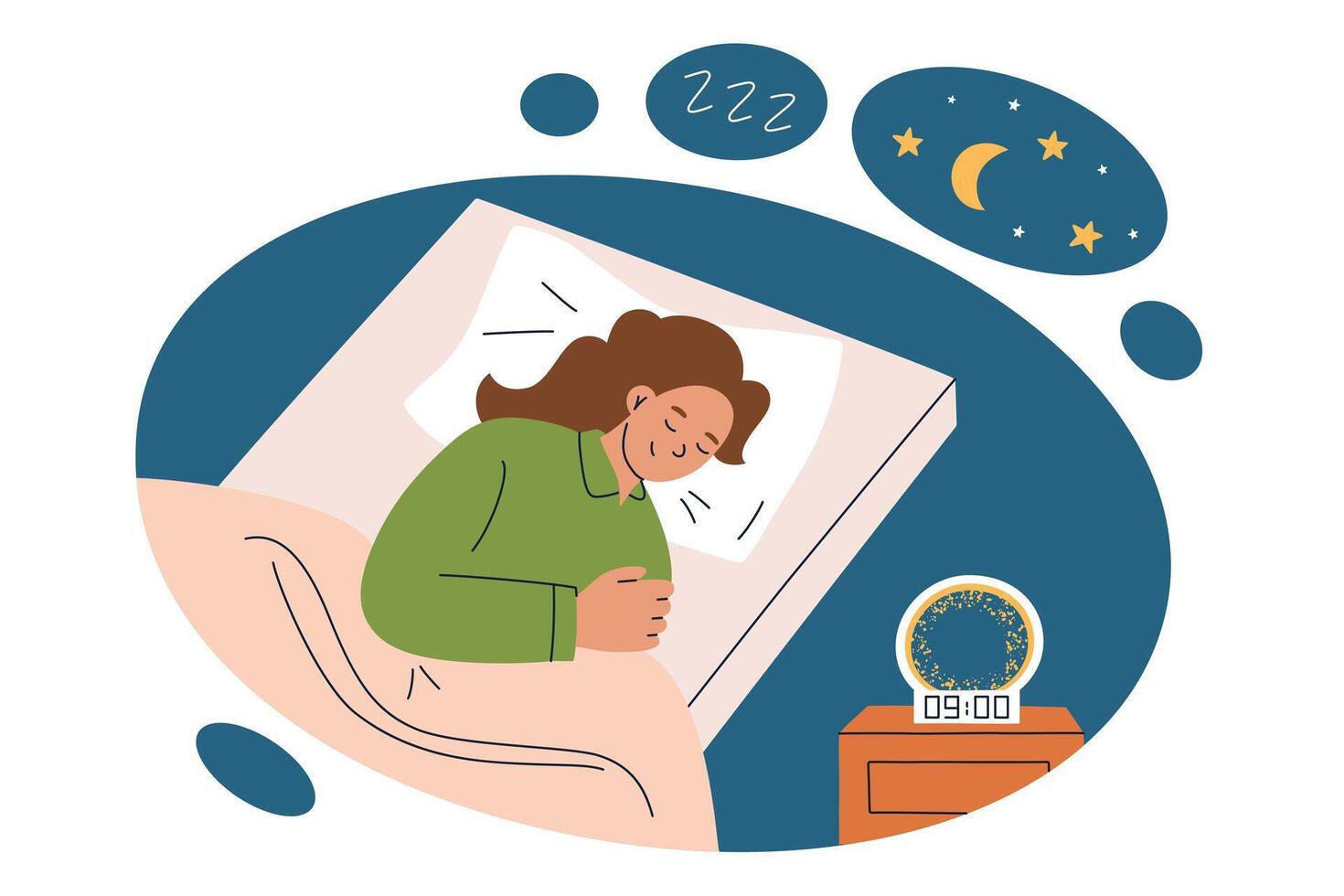 illustration of woman peacefully sleeping in bed, cozy bedroom with nightstand, modern alarm with night lamp. Comfortable pillow, blanket and bedding. Night scene with stars and moon vector