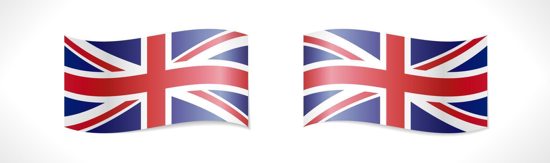 Set of 3D waving flags of the United Kingdom of Great Britain. Isolated design. Badge template. Web icon. Business, sport or tourism concept. T shirt graphic. Set of UK flag symbols. Creative elements vector