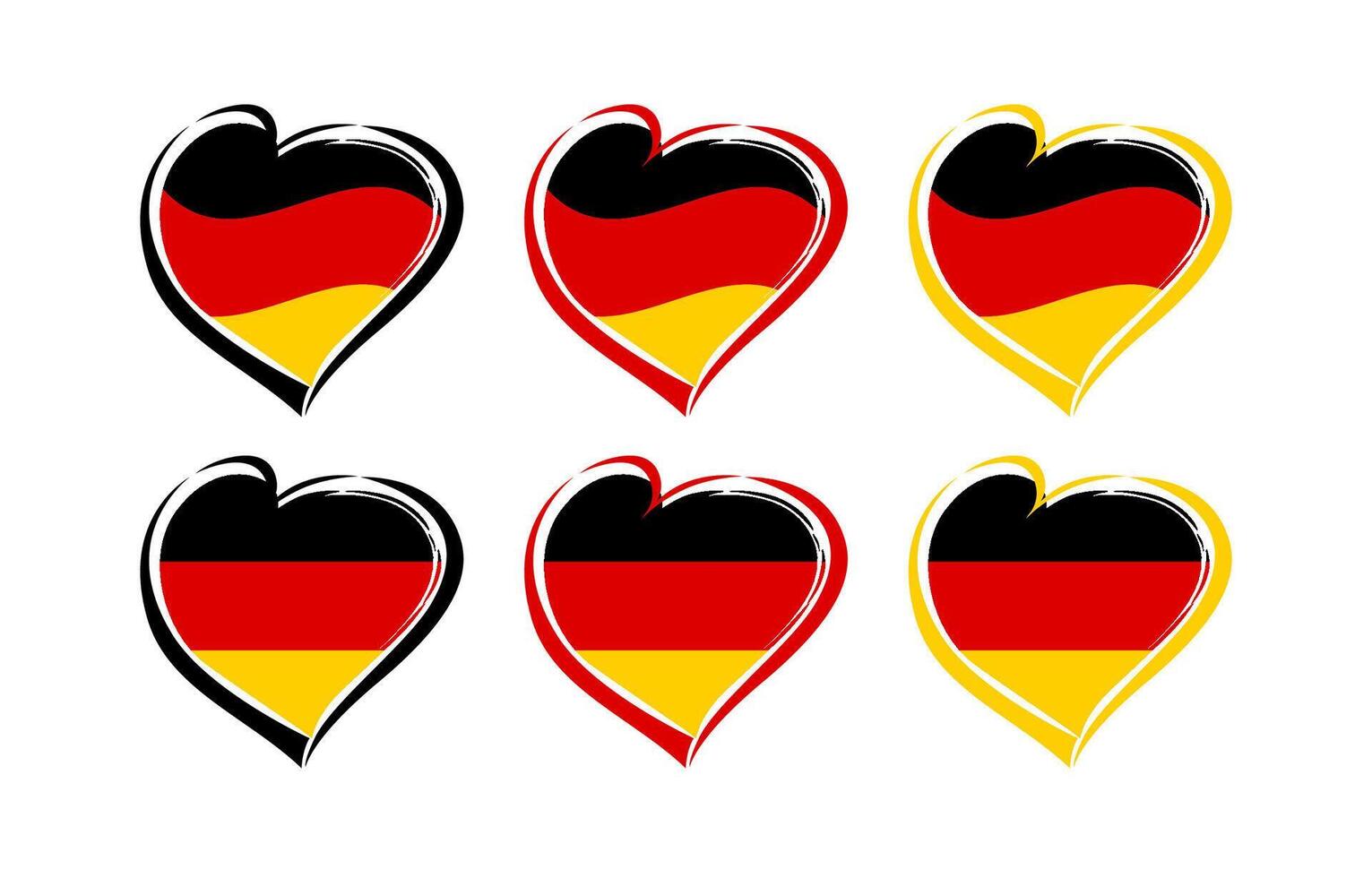 Set of creative hearts with black, red and yellow handdrawn style strokes and the flag of Germany. Clip art collection. Classic and waving German flag, heart shape with isolated clipping mask. vector