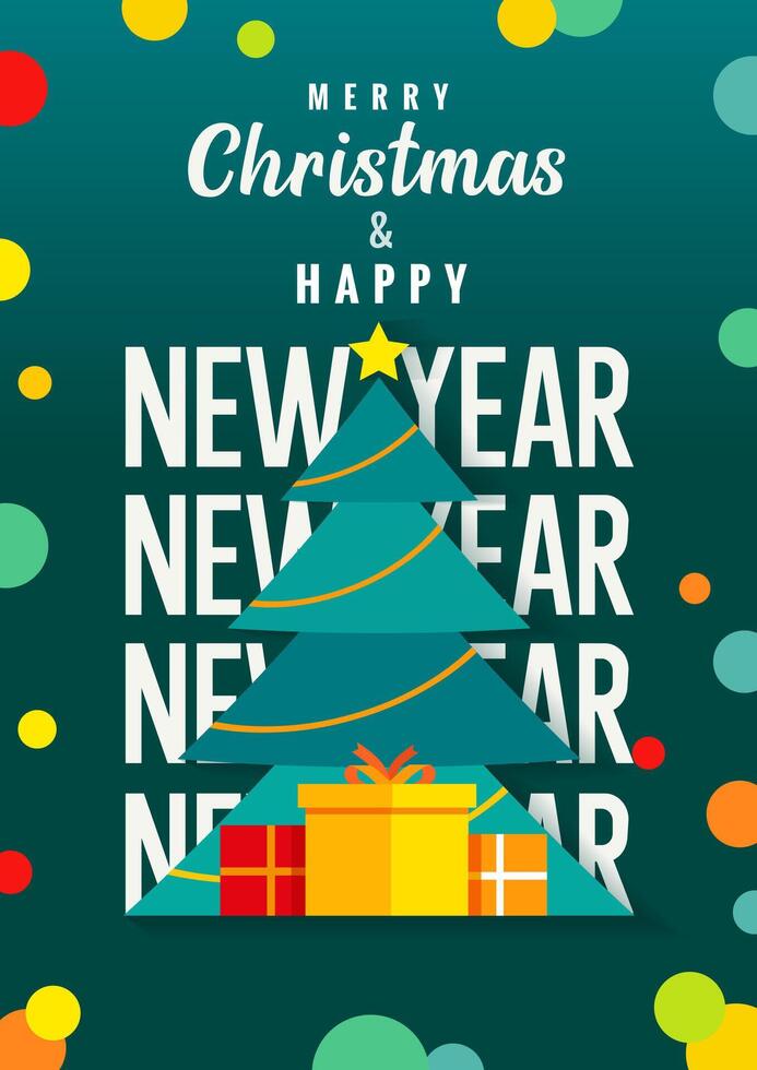Merry Christmas and Happy New Year holiday banner with xmas tree and colorful gift boxes. vector