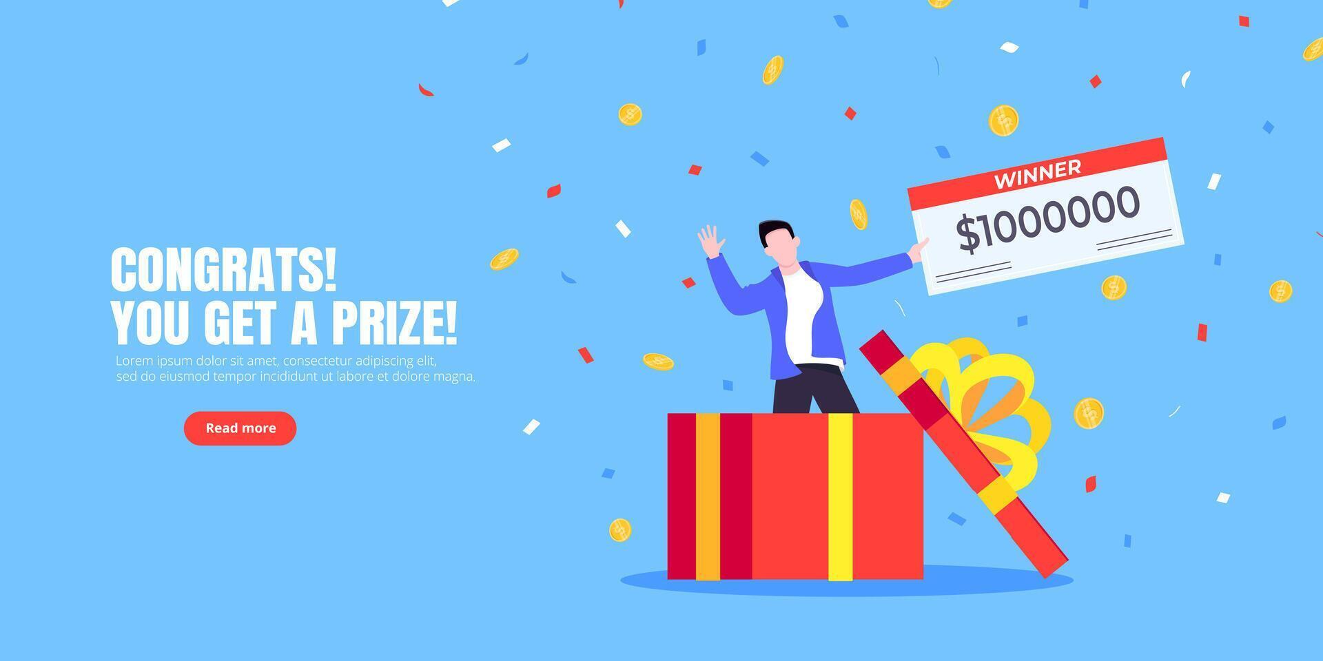 Happy lottery winner with big prize paycheck and gift box. vector