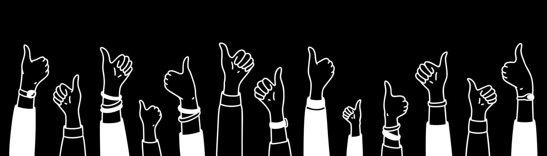 Doodle raising hands with thumb up background. Blackboard crayon scribble. White chalk drawing. Crowd of happy people, satisfied customers, clients, business audience vector