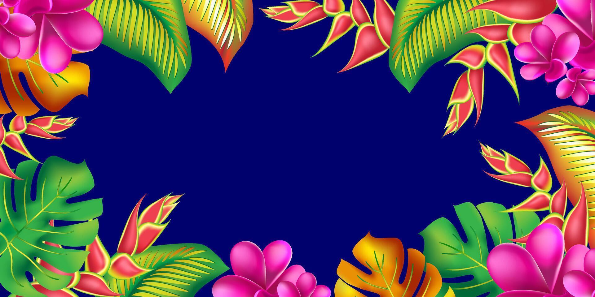 Trendy summer exotic flower banner card template. Palm monstera leaves with hibiscus and pink plumeria flowers abstract background. vector
