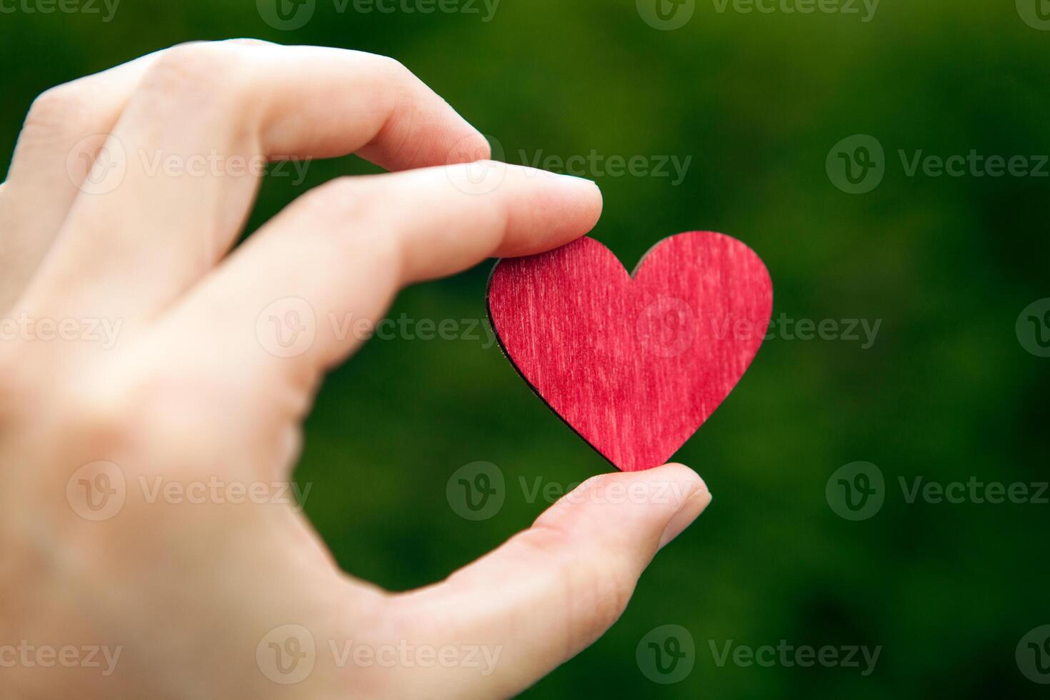 symbol of a red heart on a green background in the hand of man photo