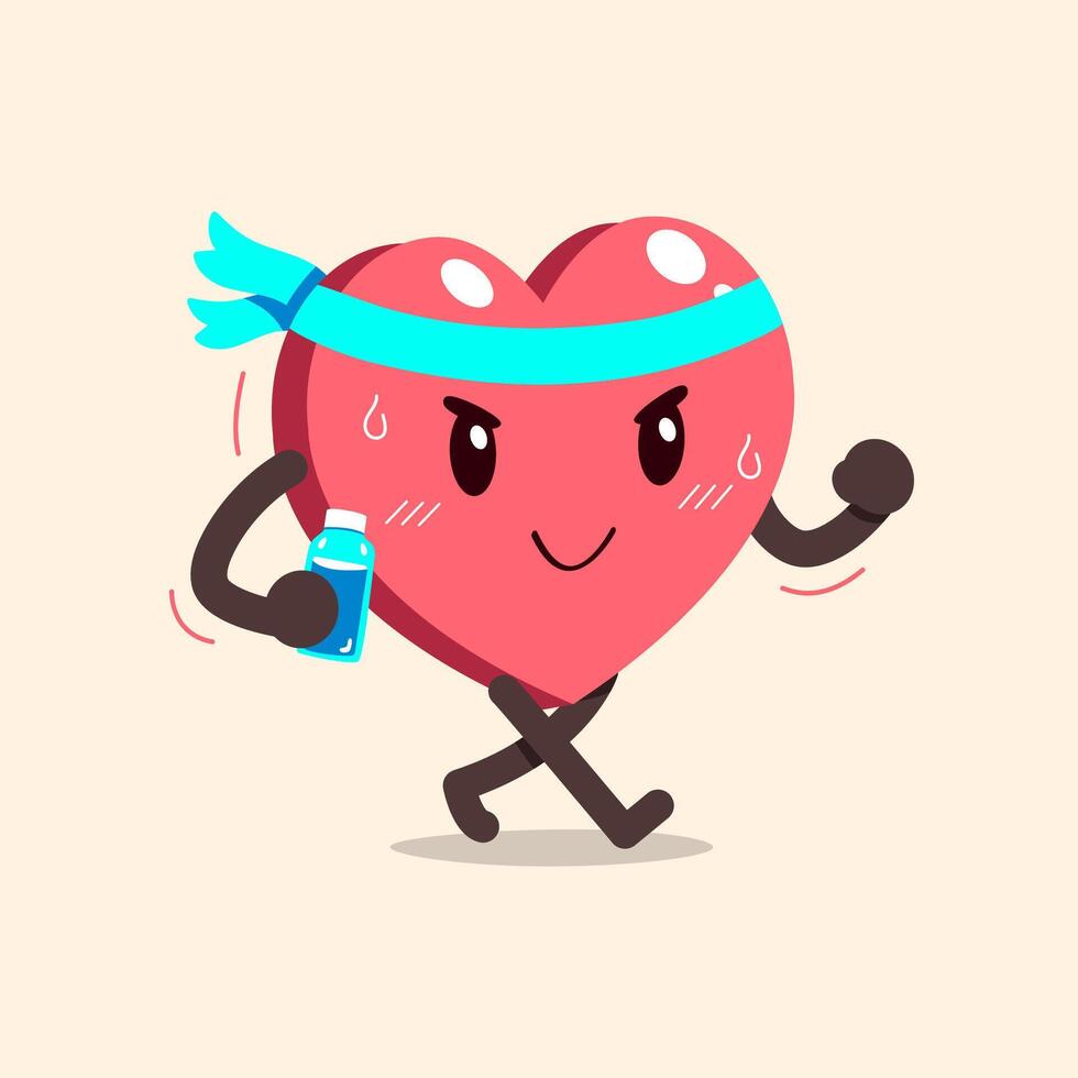Cartoon heart character exercises by walking vector
