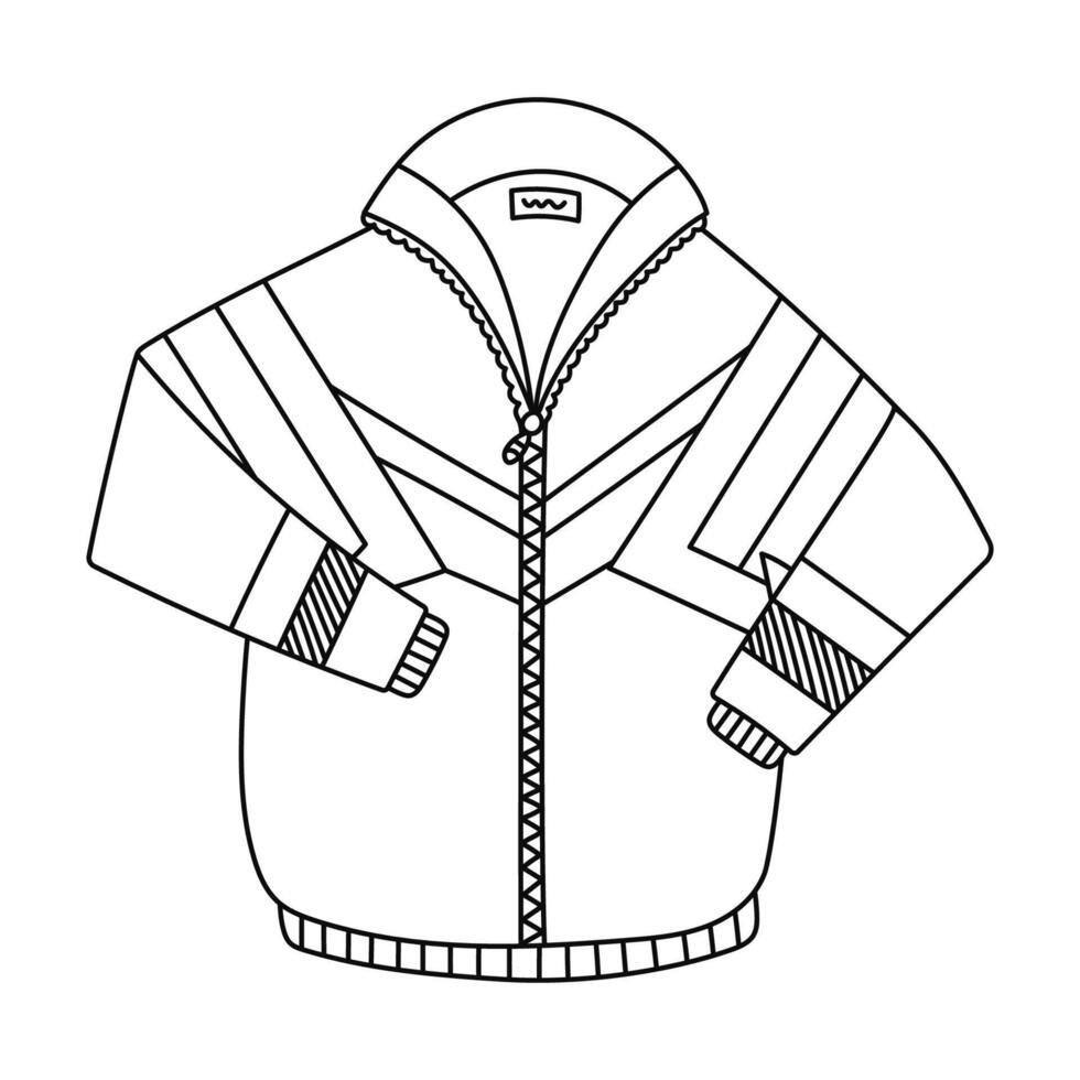 Cute doodle retro jacket with zipper from 80s and 90s. Nostalgia for vintage and Y2k aesthetic, fashion. Hand drawn black and white sport jacket as badge of 1990s with outline isolated on white. vector