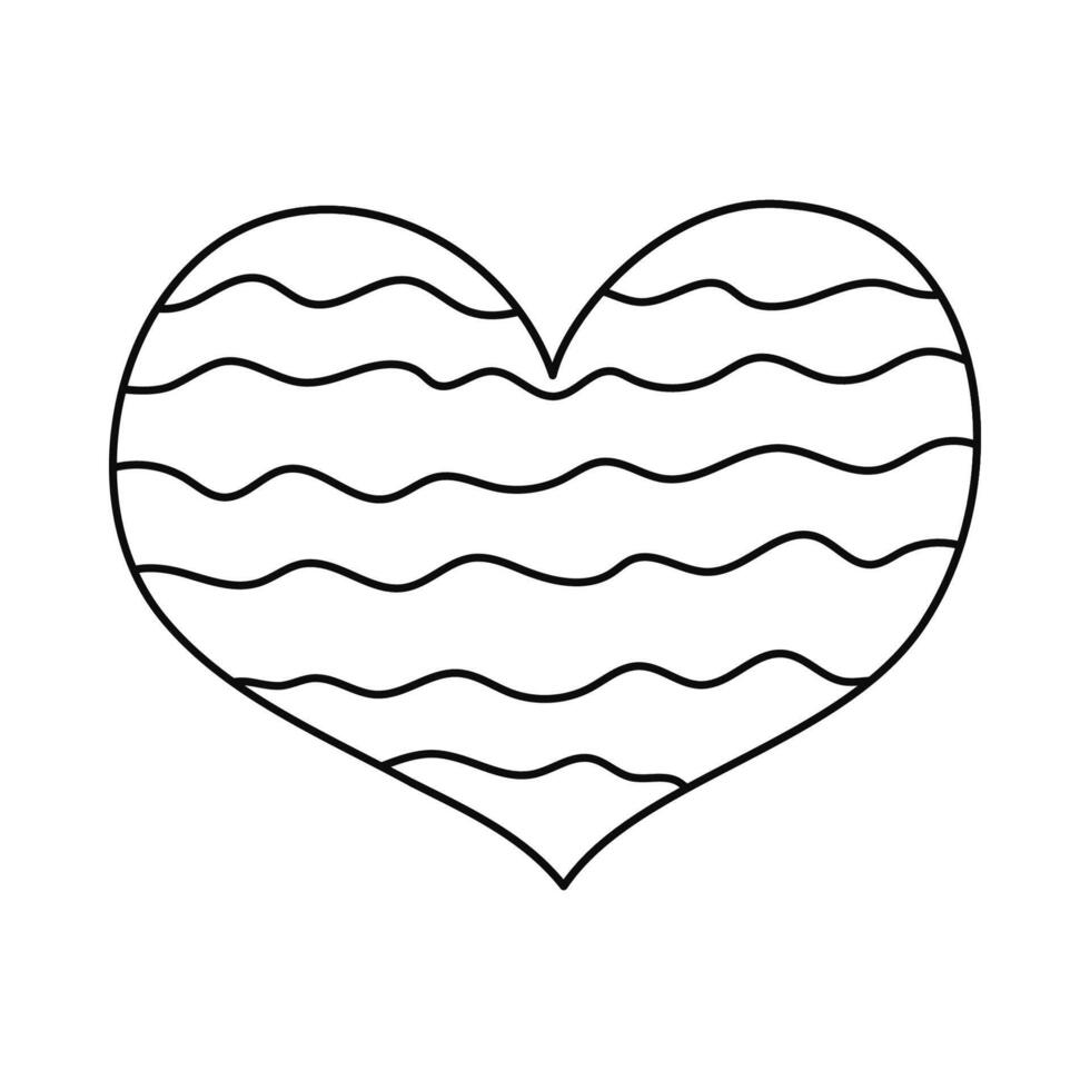 Cute line doodle cartoon heart with wavy horizontal lines in Y2k aesthetic. Retro love symbol from 90s and 00s. Hand drawn simple heart with print isolated on background. Nostalgia for 1990s vibes. vector