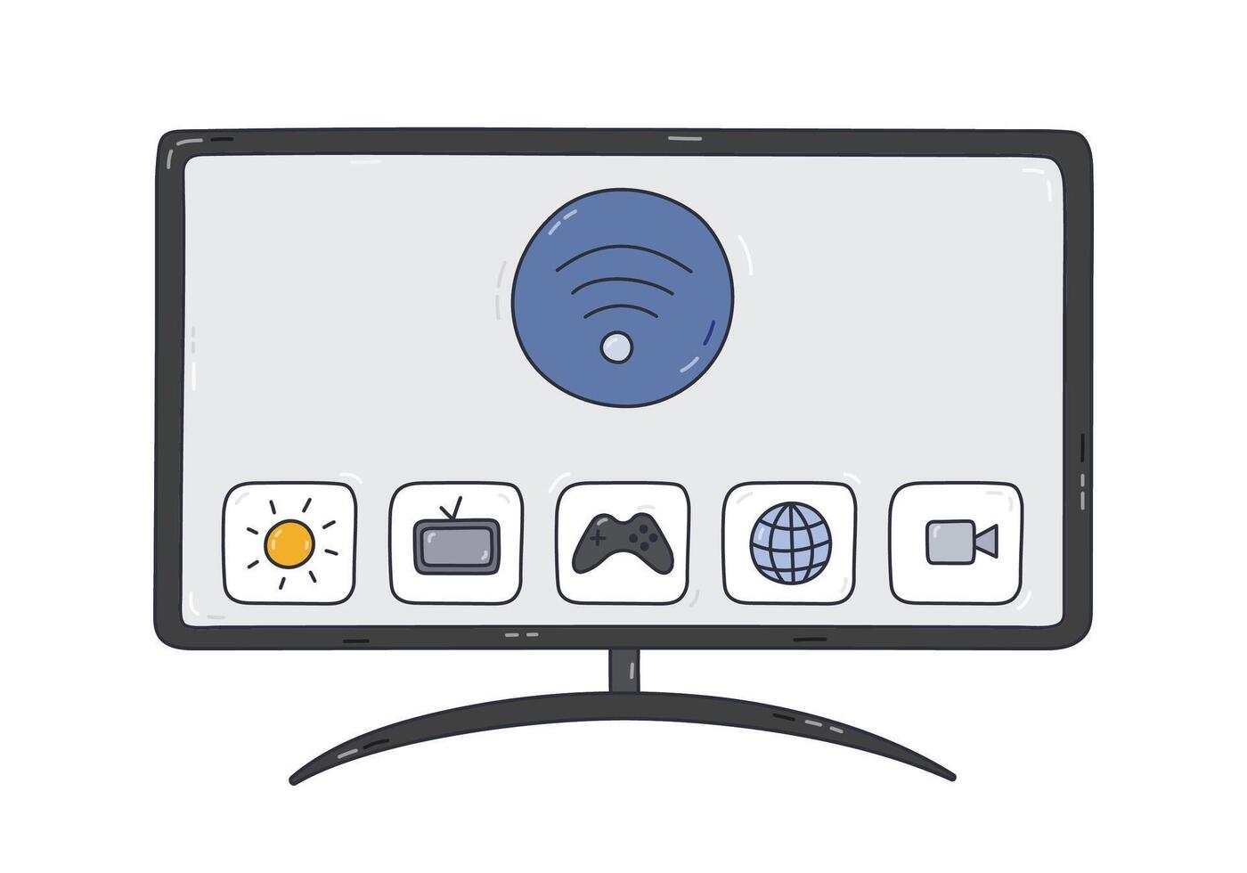 Cute doodle smart TV with internet and wireless control via smartphone. Hand drawn intelligence television display for watching , webinar, news. Internet of things device isolated on background. vector