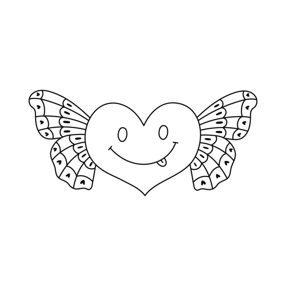 Cute doodle heart with butterfly wings and smile emoji in Y2k aesthetic. Retro love symbol from 90s and 00s. Hand drawn outline heart with insect isolated on white. Nostalgia for 1990s vibes vector
