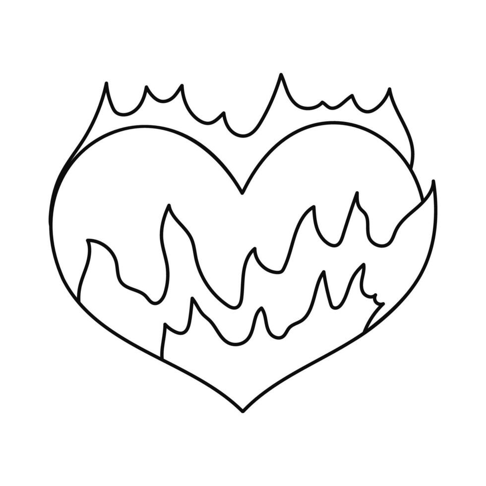 Cute doodle heart in flame in Y2k aesthetic. Outline retro love symbol from 90s and 00s. Hand drawn simple heart with fire isolated on white background. Nostalgia for vintage, 1990s and 2000s vibes. vector