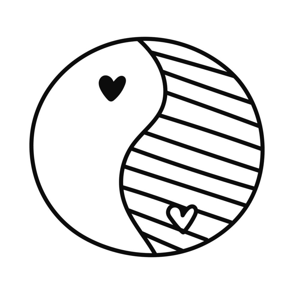 Cute doodle Yin Yang sign with hearts from hippie 70s. Retro symbol of balance, harmony, yoga, relax. Trendy symbol of hippy and Y2k aesthetic. Hand drawn outline nostalgic clipart isolated on white. vector