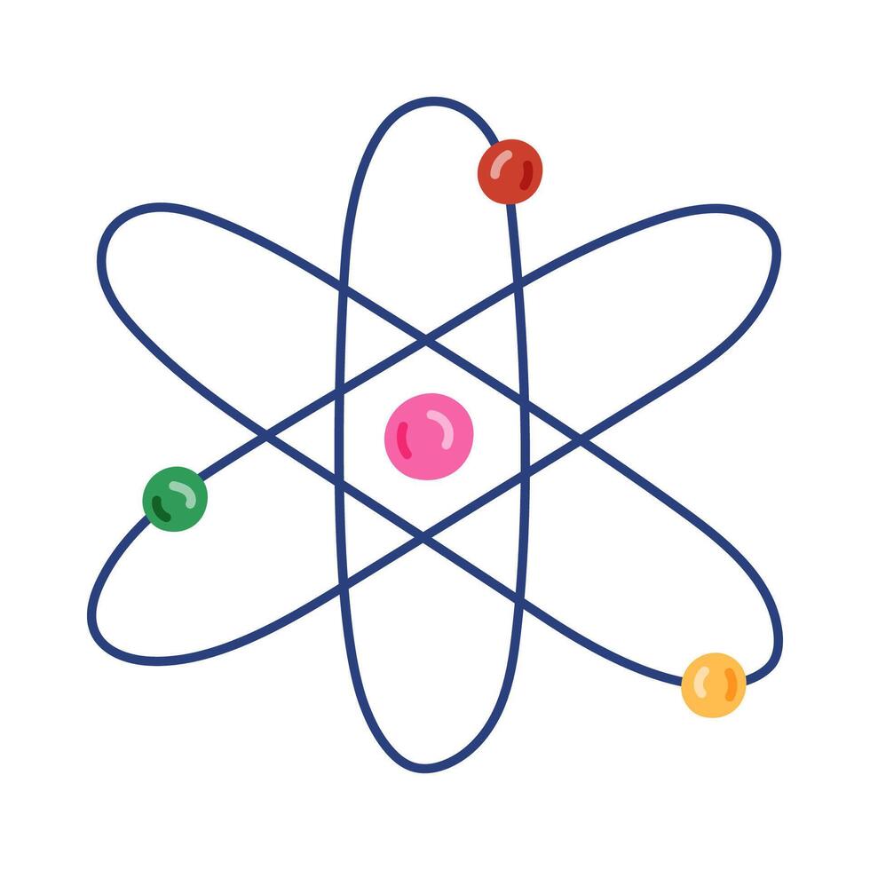 Cute cartoon atom diagram with neutron, proton, and electron. Hand drawn atomic structure as sign of science, physics, chemistry and nuclear model. Scientific clipart isolated on white background. vector