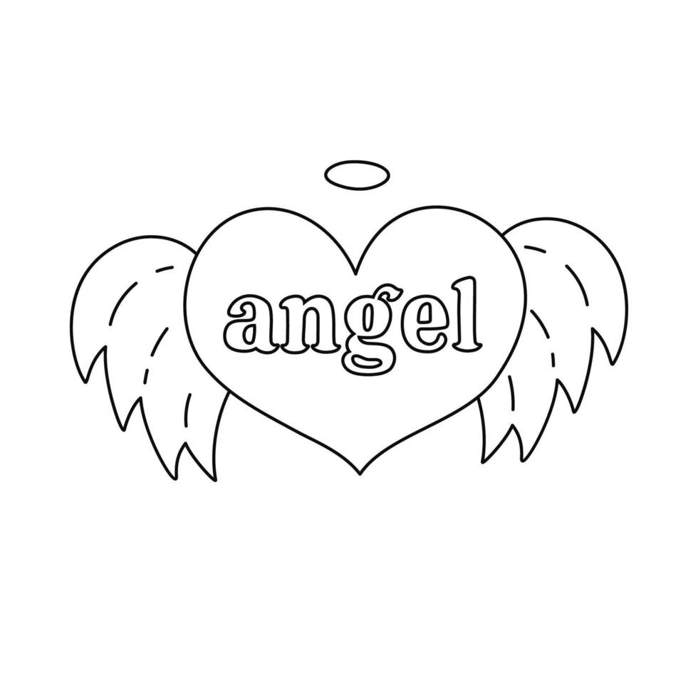 Cute doodle heart with lettering Angel, wings, nimbus in Y2k aesthetic. Retro love symbol from 90s, 00s. Hand drawn outline simple heart with typography isolated on white. Nostalgia for 1990s vibes. vector
