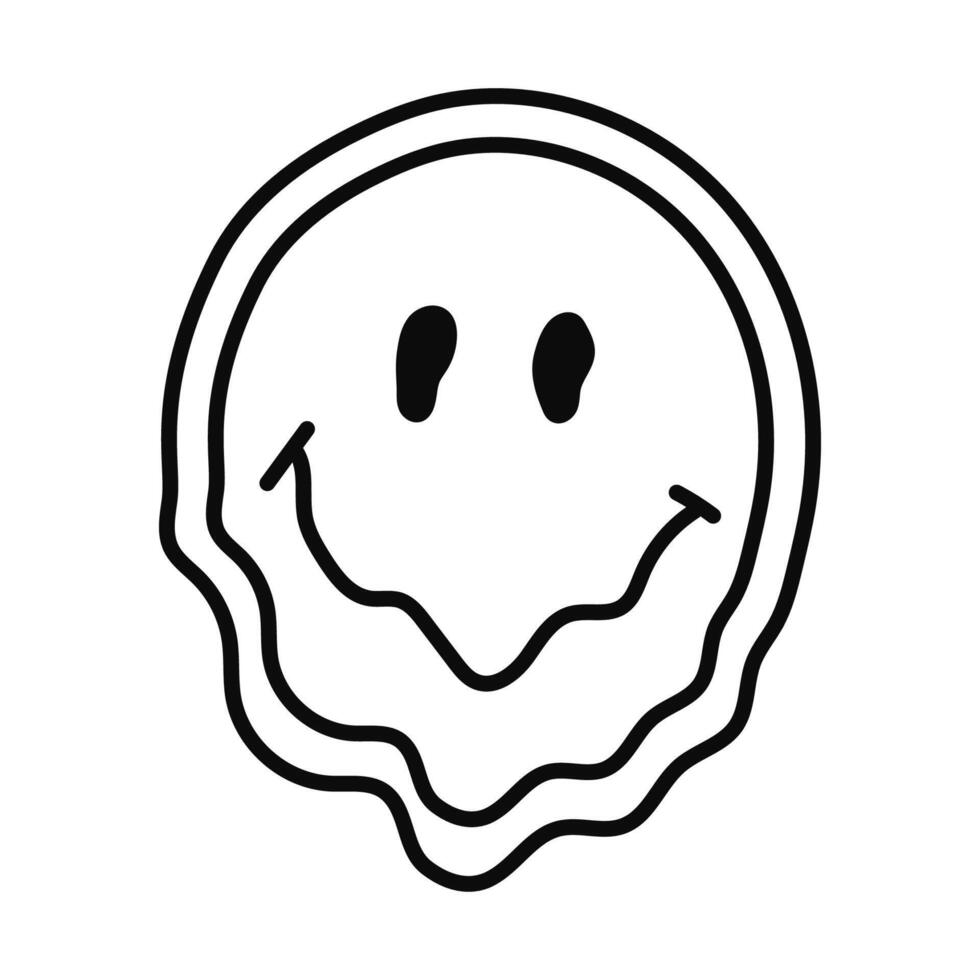 Cute doodle melting emoji in hippie and Y2k aesthetic. Retro psychedelic dripping smile face as symbol of 70s and 90s. Trippy smiling emoji isolated on white. Hand drawn outline nostalgic clipart. vector