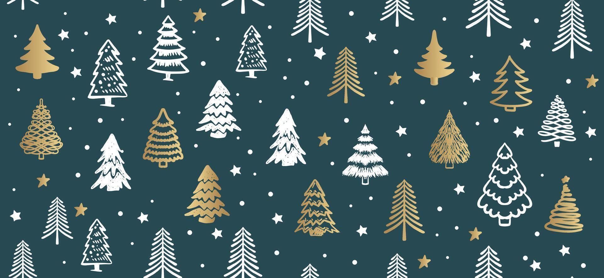 Christmas tree pattern on blue background, Hand drawn illustrations. vector