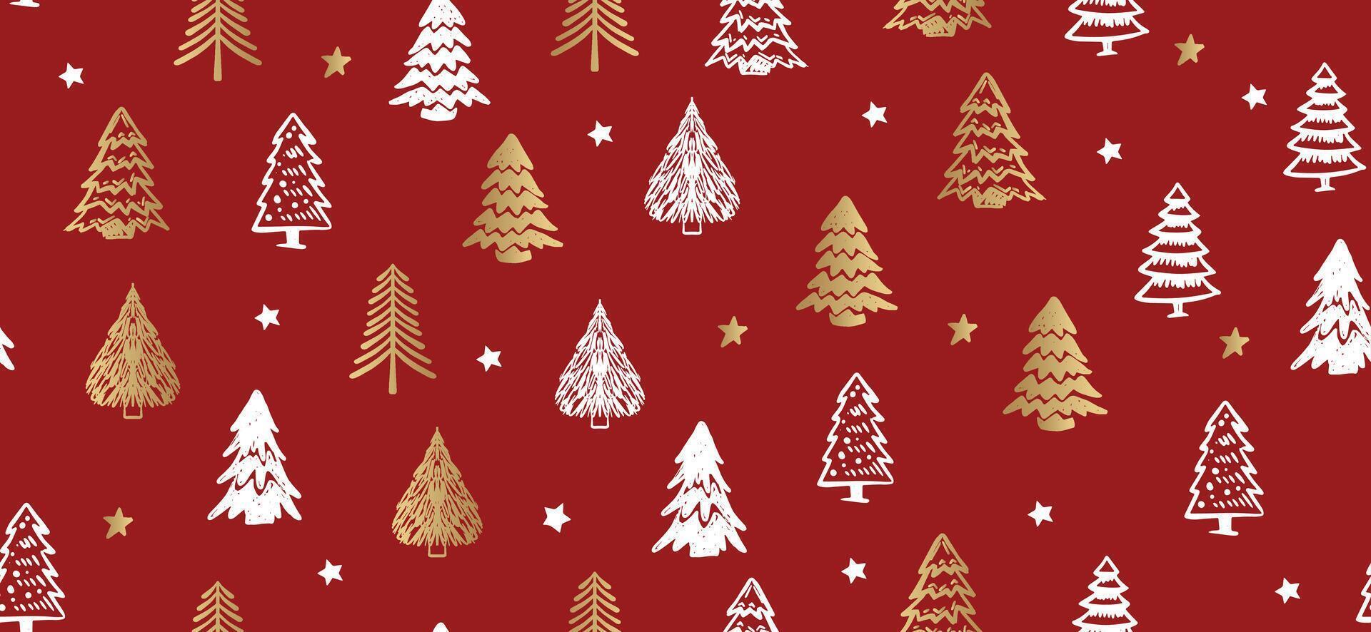 Christmas tree pattern on red background, Hand drawn illustrations. vector