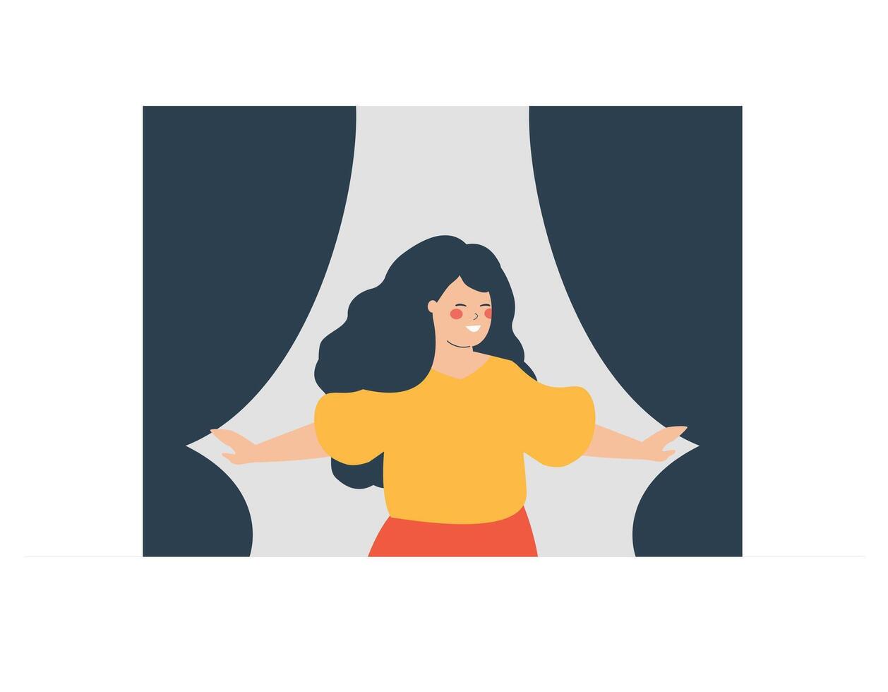 Happy woman stretching her arms and opening her window, breathing fresh air in the morning. Optimistic girl doing relaxation exercises to get rid of stress and depression. Positive body concept. vector