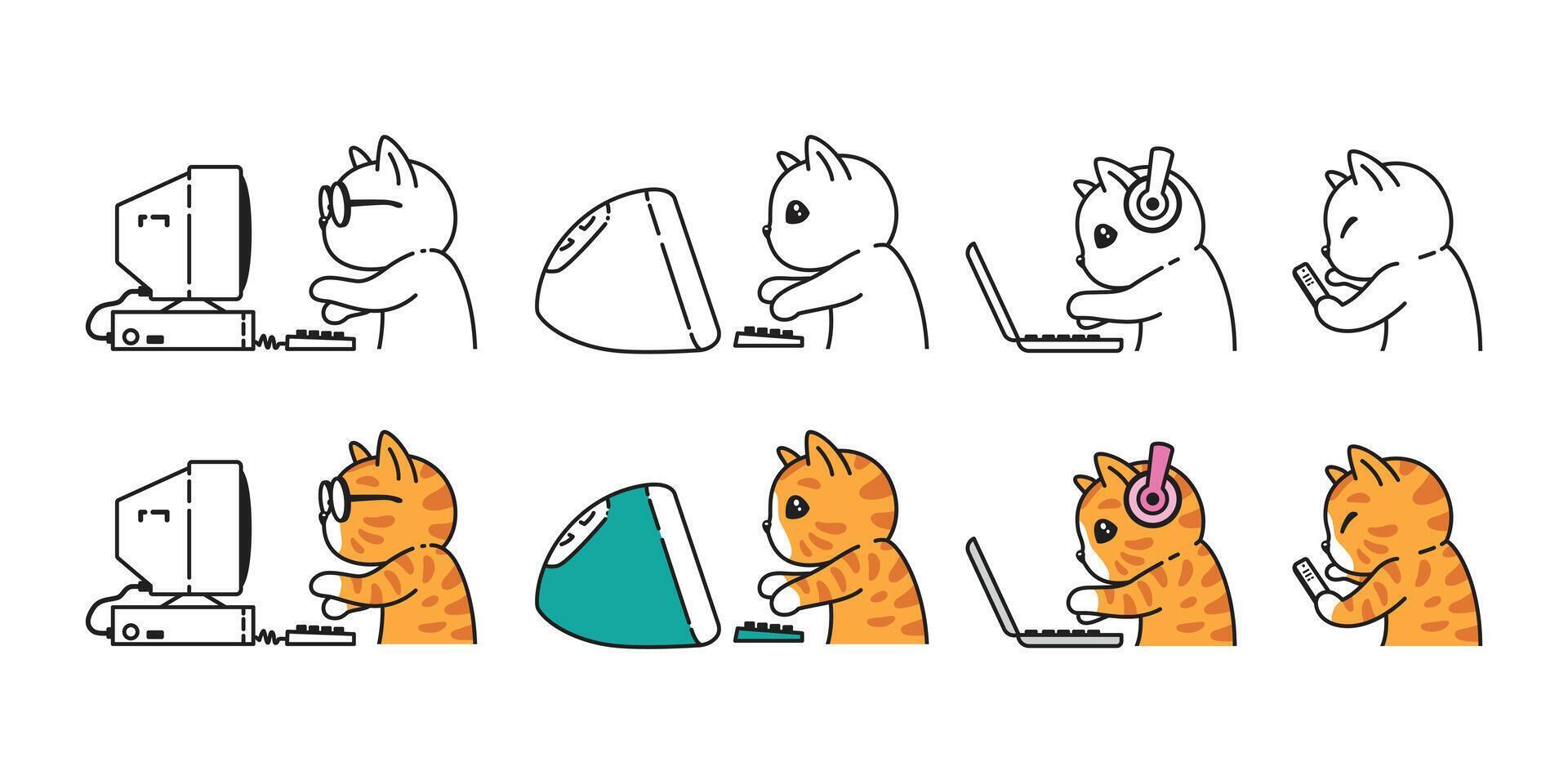 cat black kitten working icon neko calico pc computer laptop notebook pet smart phone character cartoon symbol tattoo stamp scarf illustration design isolated vector