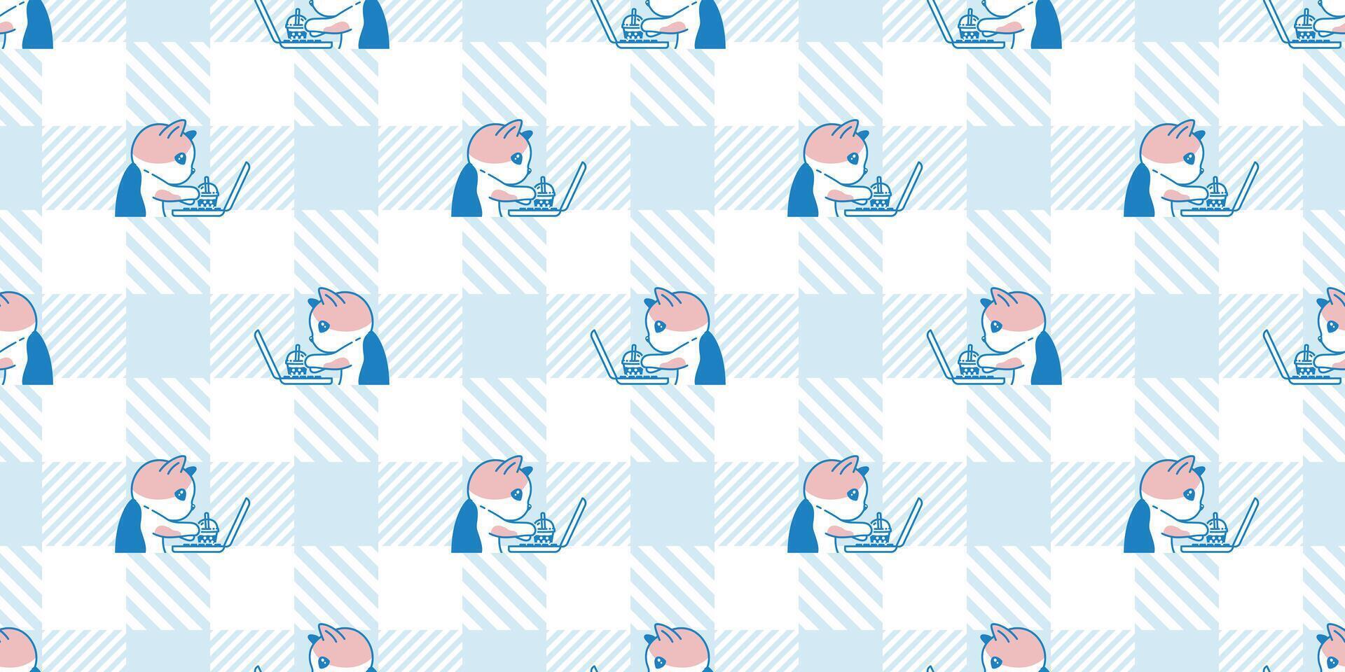 cat seamless pattern working kitten calico neko pc computer laptop notebook pet doodle pet cartoon tile background gift wrapping paper repeat wallpaper scarf isolated illustration design vector
