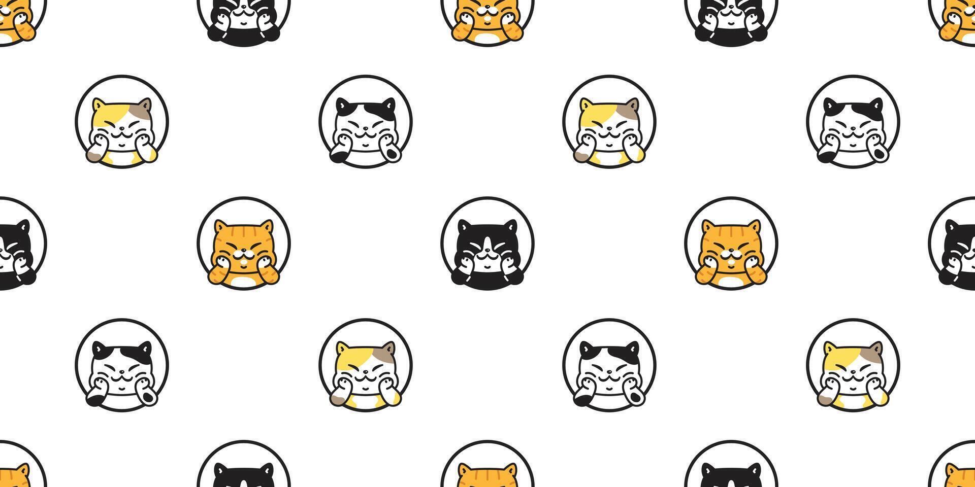 cat seamless pattern kitten smile calico breed neko cartoon character round circle pet tile background repeat wallpaper scarf isolated illustration doodle design vector