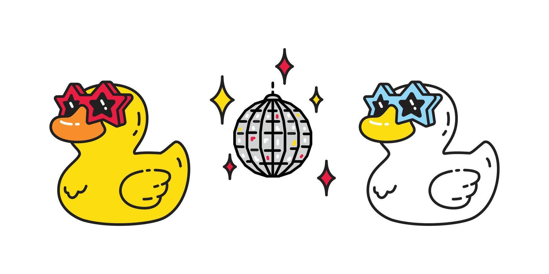 duck icon cartoon rubber duck disco ball dancing logo shower bathroom bird chicken character symbol doodle isolated illustration design vector