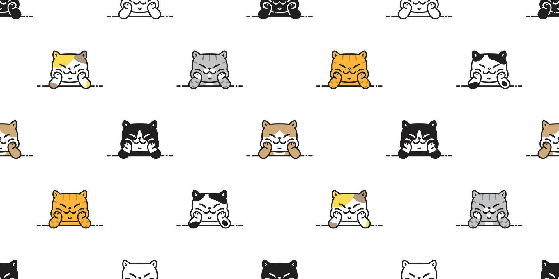 cat seamless pattern kitten sitting calico smiling breed neko cartoon character pet tile background repeat wallpaper scarf isolated illustration doodle design vector