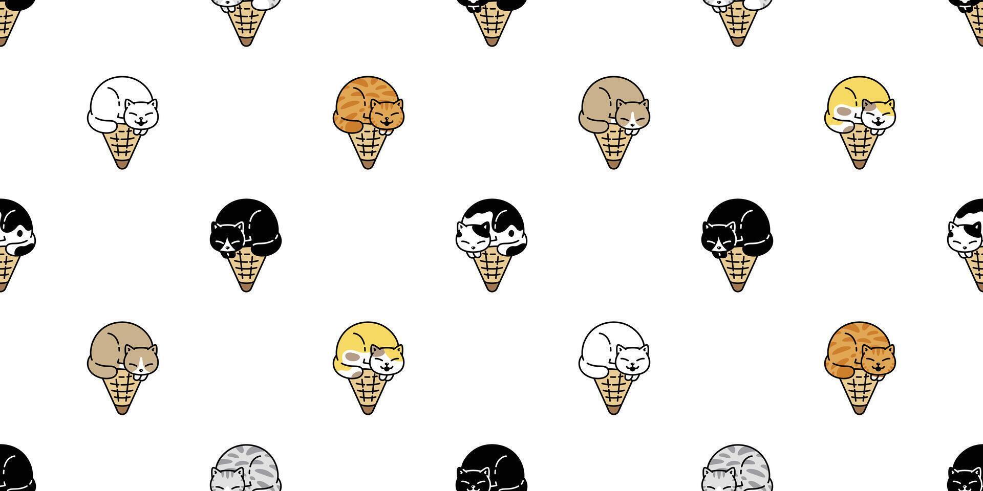 cat seamless pattern kitten ice cream cone calico breed neko pet cartoon gift wrapping paper tile background repeat wallpaper animal doodle illustration scarf isolated design vector