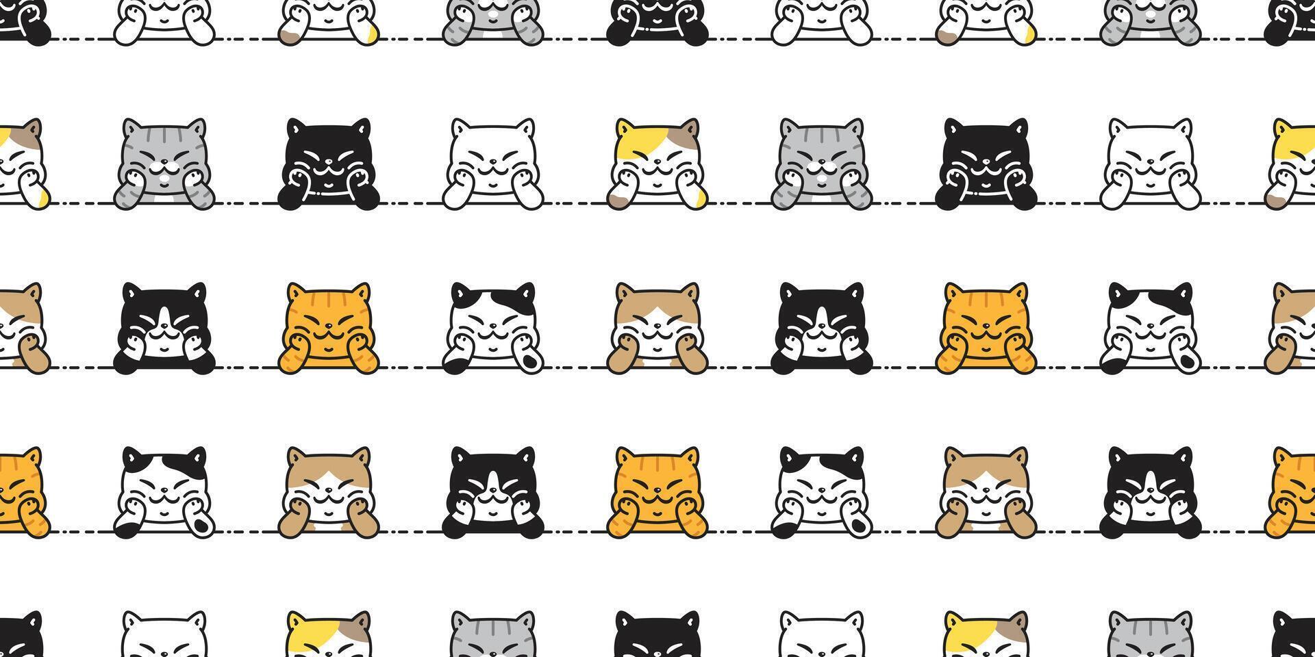 cat seamless pattern calico sitting kitten smiling breed neko cartoon character pet tile background repeat wallpaper scarf isolated illustration doodle design vector
