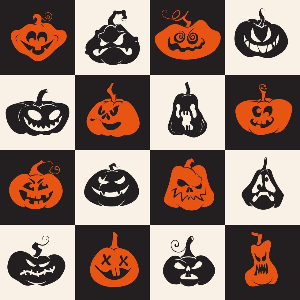 Halloween spooky pumpkin faces on checkered seamless pattern. Jack O Lantern pumpkin carved faces silhouette on a plaid background. Backdrop for wrapping paper, cards, banners, textiles, decor. vector